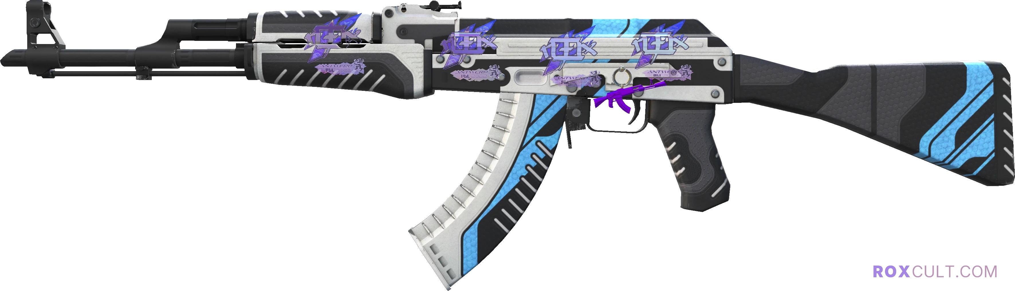 AK-47 | Vulcan (Factory New) — rox (Holo) Antwerp 2022 craft, playside view with 4 rox (Holo) stickers
