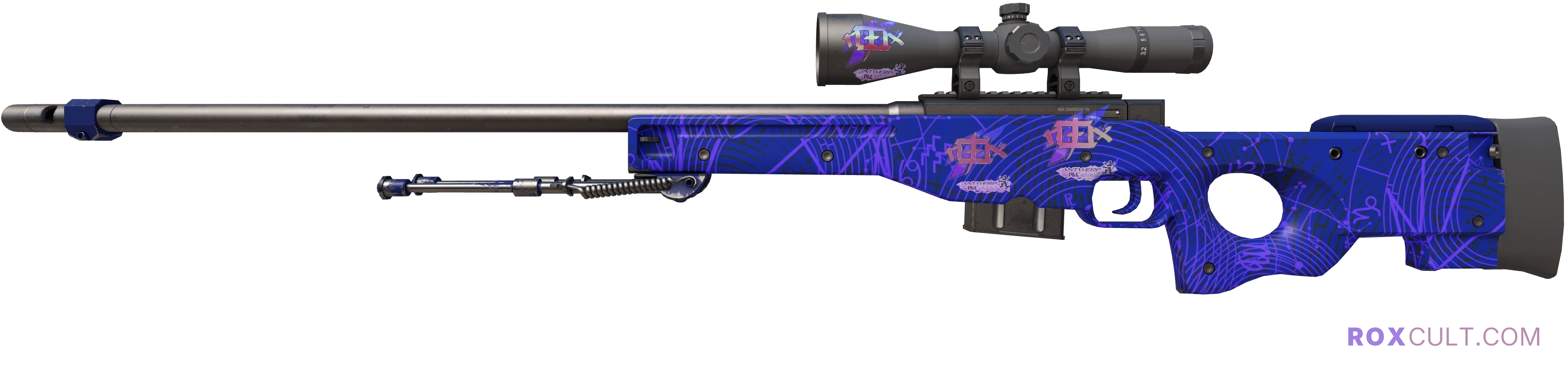 AWP | Sun in Leo (Factory New) — rox (Holo) Antwerp 2022 craft, playside view with 3 rox (Holo) stickers