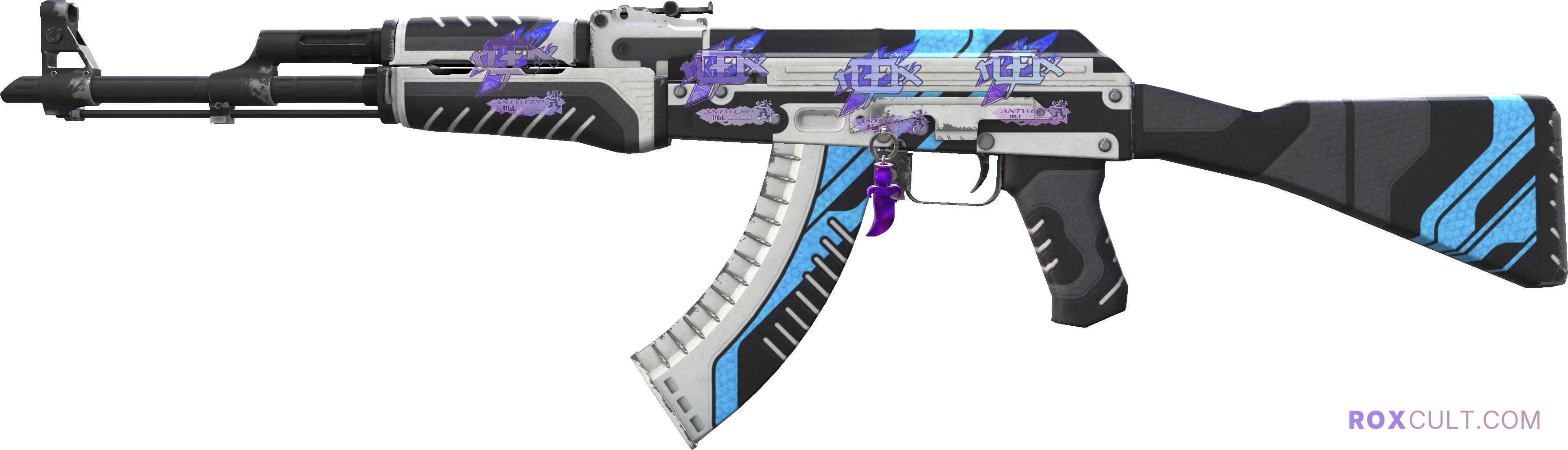 AK-47 | Vulcan (Minimal Wear) — rox (Holo) Antwerp 2022 craft, playside view with 4 rox (Holo) stickers