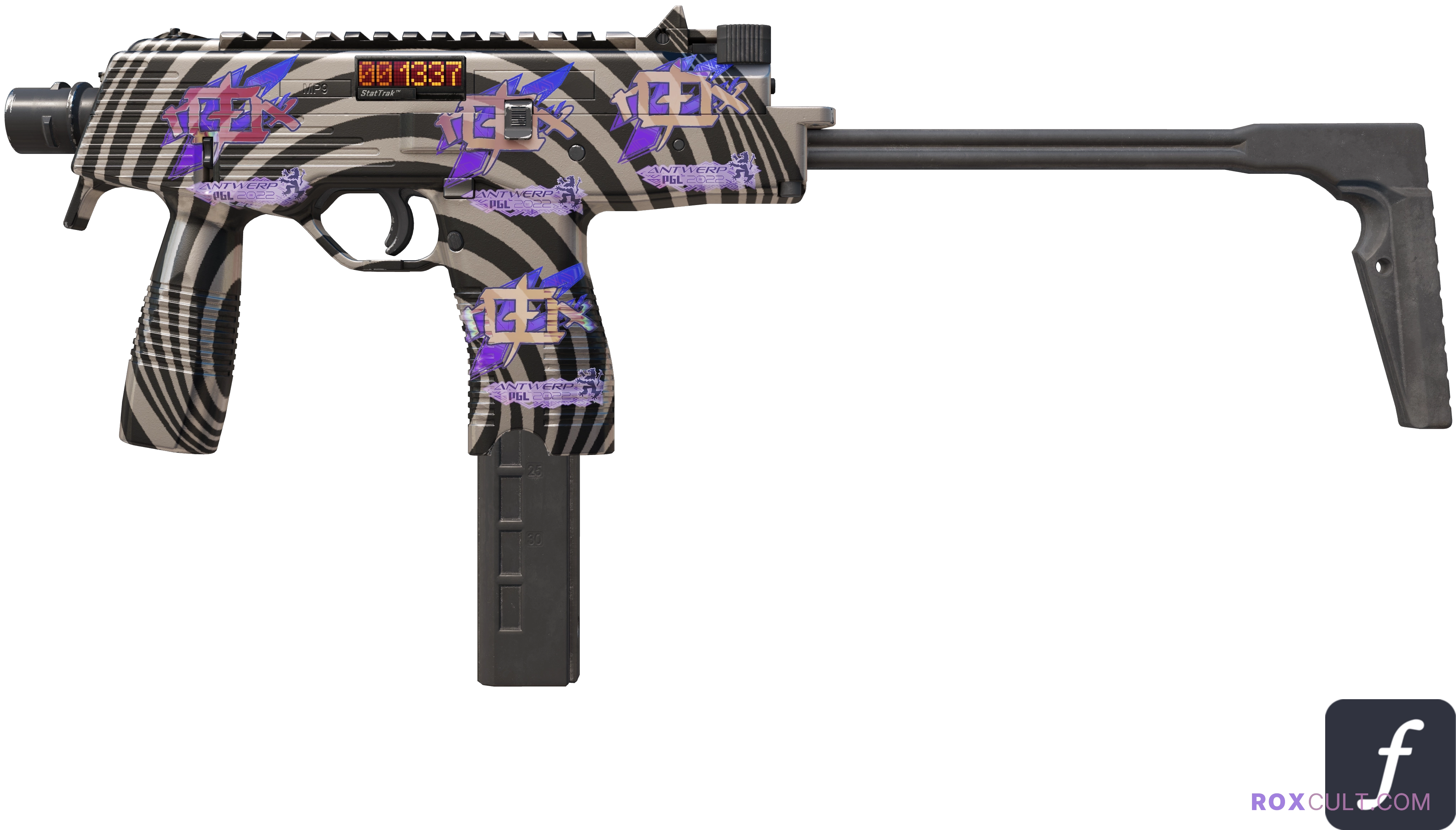 StatTrak™ MP9 | Hypnotic (Factory New) — rox (Holo) Antwerp 2022 craft, playside view with 4 rox (Holo) stickers