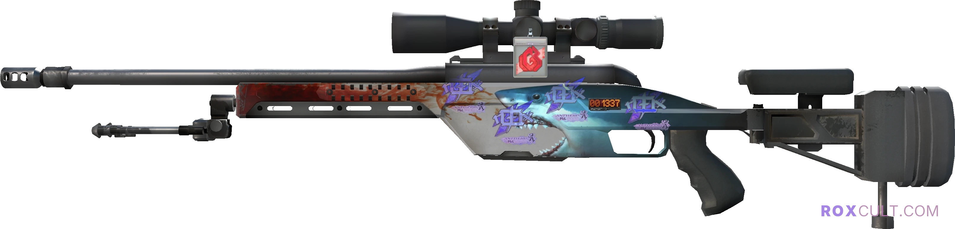 StatTrak™ SSG 08 | Blood in the Water (Minimal Wear) — rox (Holo) Antwerp 2022 craft, playside view with 4 rox (Holo) stickers