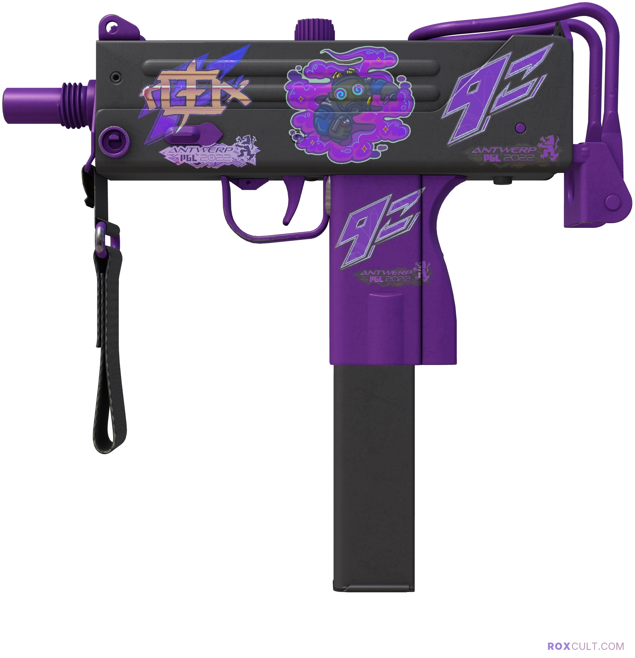 MAC-10 | Ultraviolet (Factory New) — rox (Holo) Antwerp 2022 craft, playside view with 1 rox (Holo) sticker