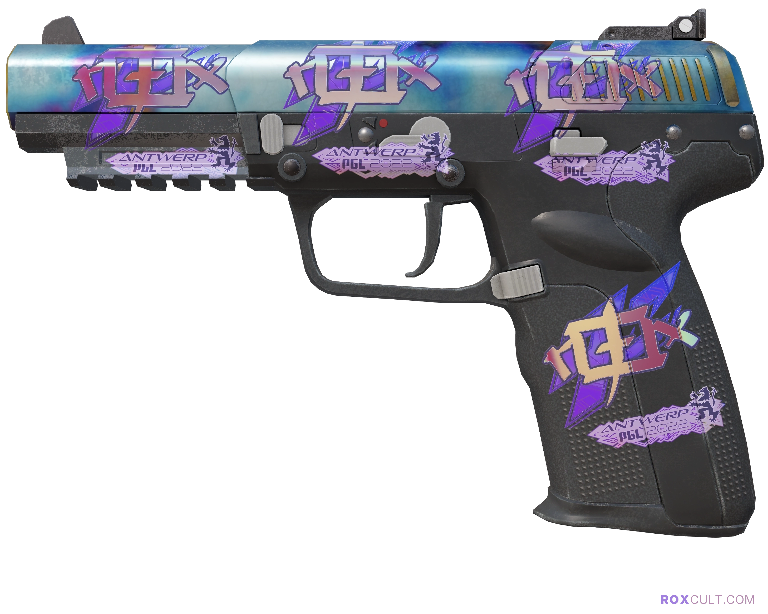 Five-SeveN | Case Hardened (Field-Tested) — rox (Holo) Antwerp 2022 craft, playside view with 4 rox (Holo) stickers