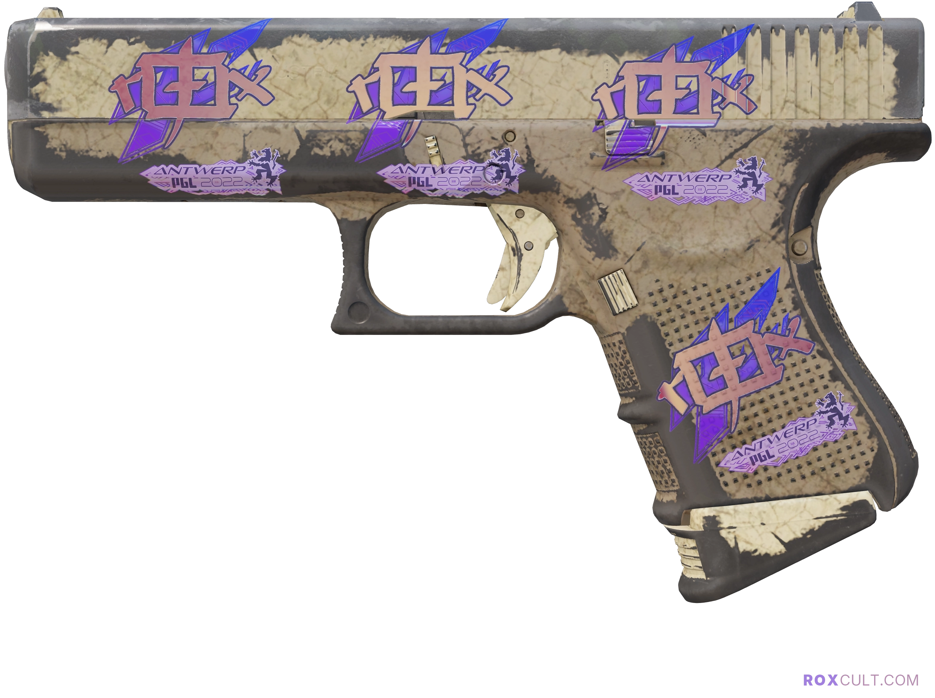 Glock-18 | Sand Dune (Battle-Scarred) — rox (Holo) Antwerp 2022 craft, playside view with 4 rox (Holo) stickers