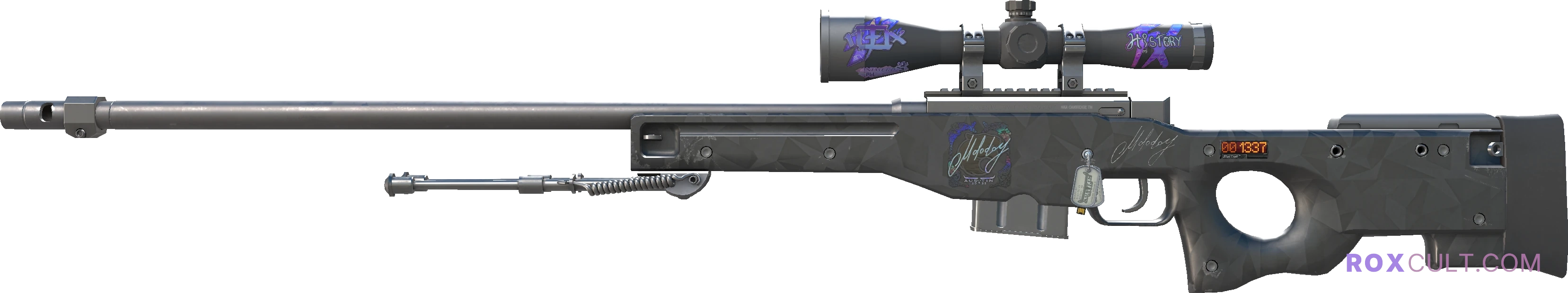 StatTrak™ AWP | Graphite (Minimal Wear) — rox (Holo) Antwerp 2022 craft, playside view with 1 rox (Holo) sticker