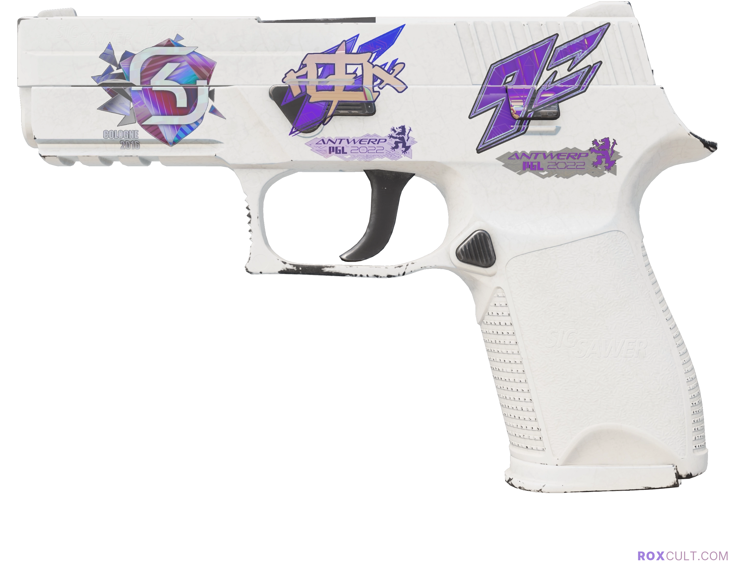 P250 | Whiteout (Minimal Wear) — rox (Holo) Antwerp 2022 craft, playside view with 1 rox (Holo) sticker